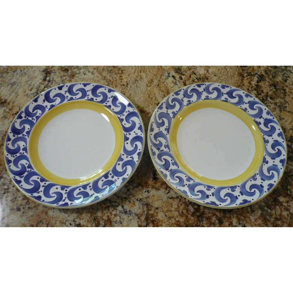 Herend Village Splash 2 Dinner Plates 10 7/8" Blue Yellow Hungary (B)
